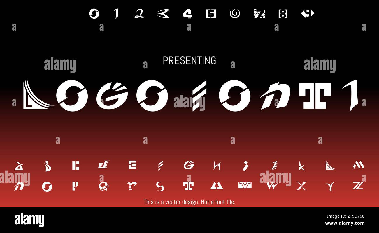 Modern Abstract Logo Font Design for English Alphabet with Letters and Numbers Over a Red Background Stock Vector