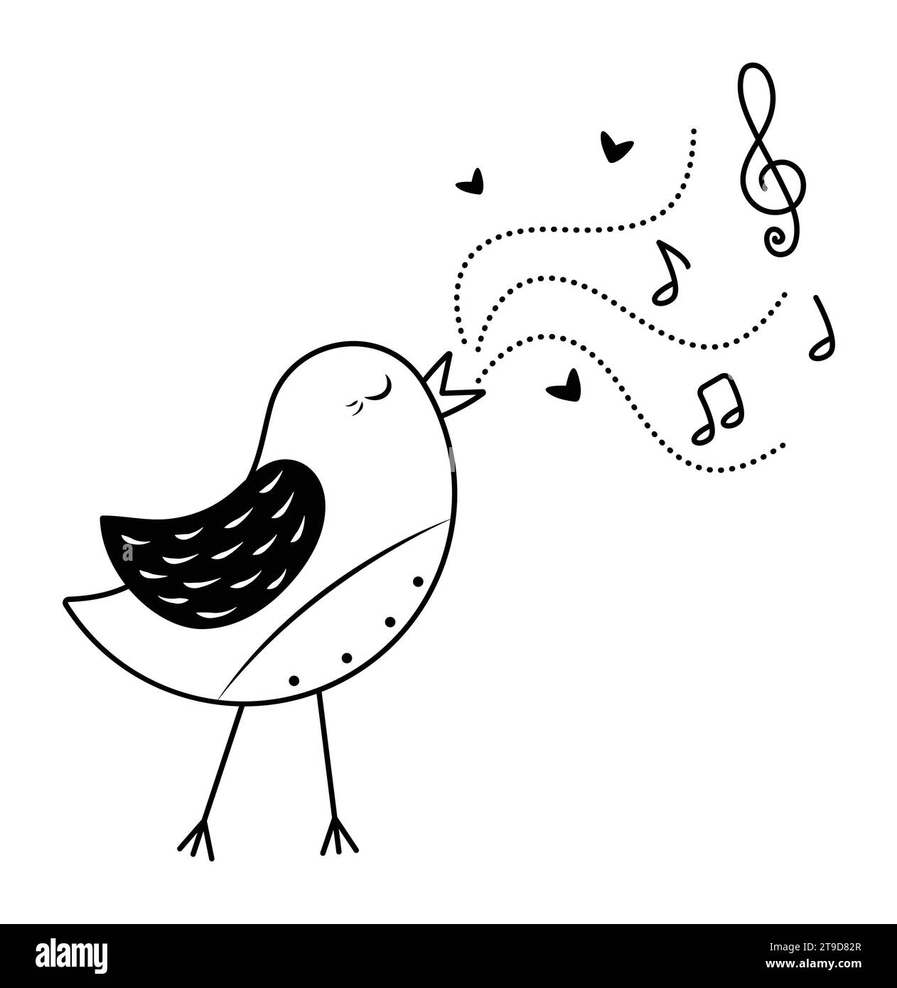 Black and white singing nightingale with notes, vector monochrome illustration for music lovers Stock Vector