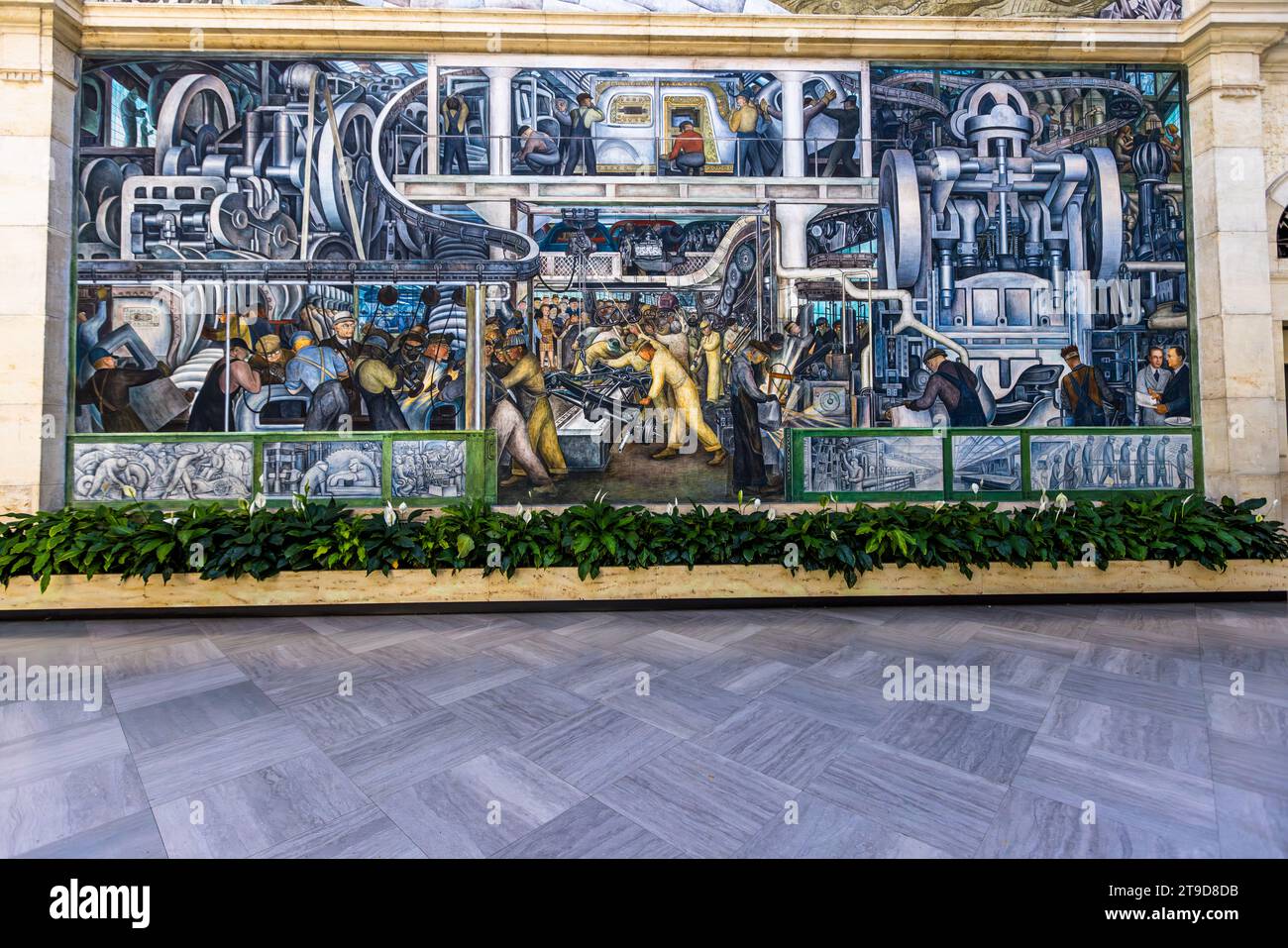 Detroit Industry Murals by Diego Rivera surround the Rivera Court at the Detroit Institute of Arts. They were created between 1932 and 1933 and were considered by Rivera to be his most successful work. The cycle focuses on the relationship between man and machine. Detroit Industry Murals in the Rivera Court of the Detroit Institute of Arts. The Mexican artist Diego Rivera captured his impressions of the industrialization of the automotive industry on large murals here between 1932 and 1933. Detroit, United States Stock Photo