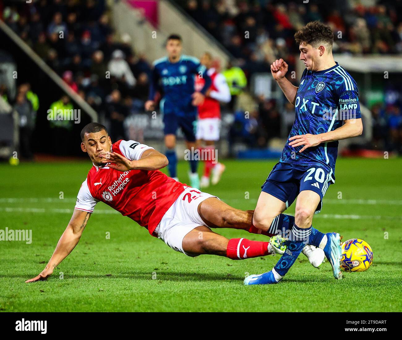 Rotherham, UK. 24th Nov, 2023. Daniel James of Leeds United is brought ...