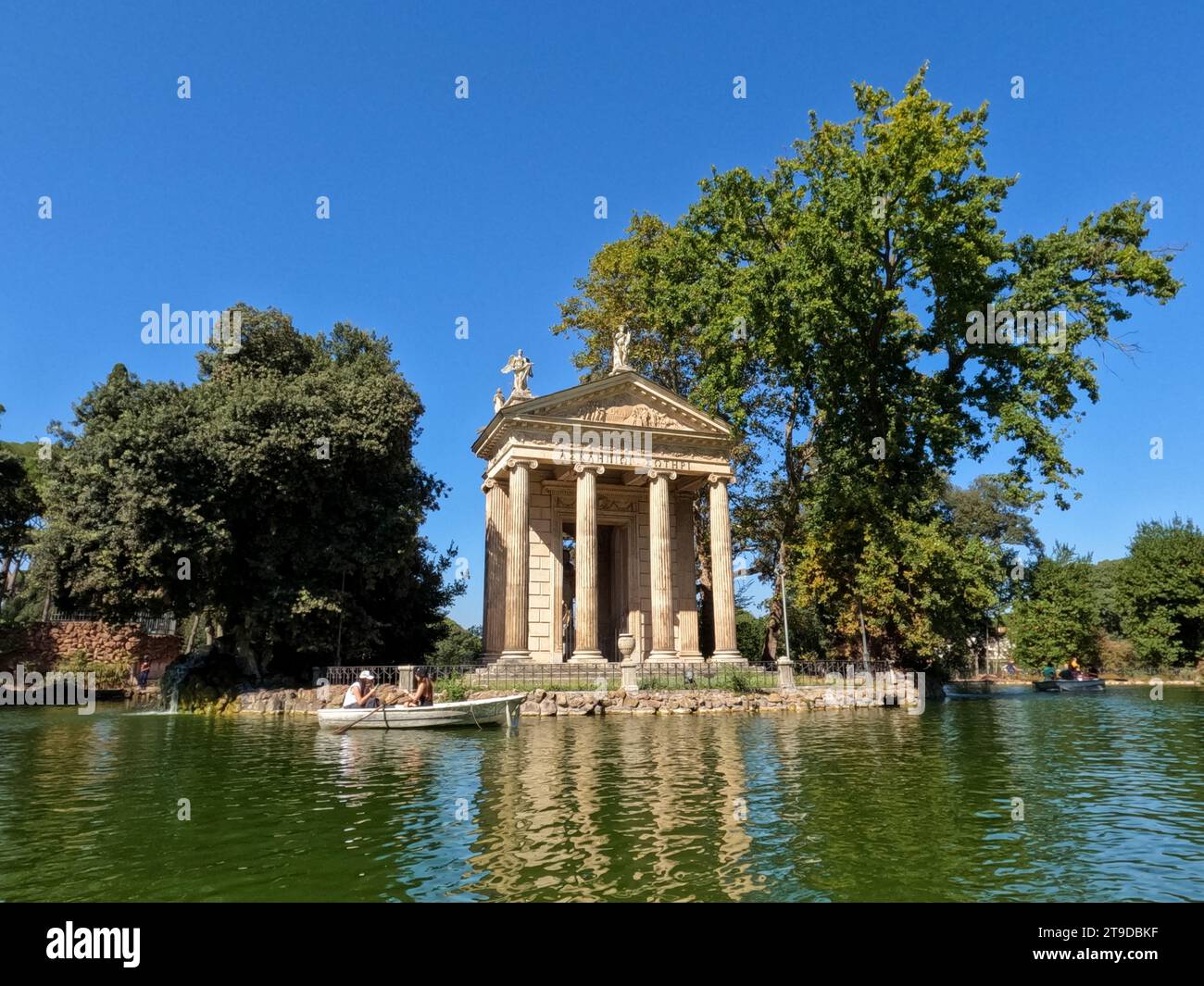 Boating at Temple of Aesculapius in Villa Borghese, Roman Park. Stock Photo