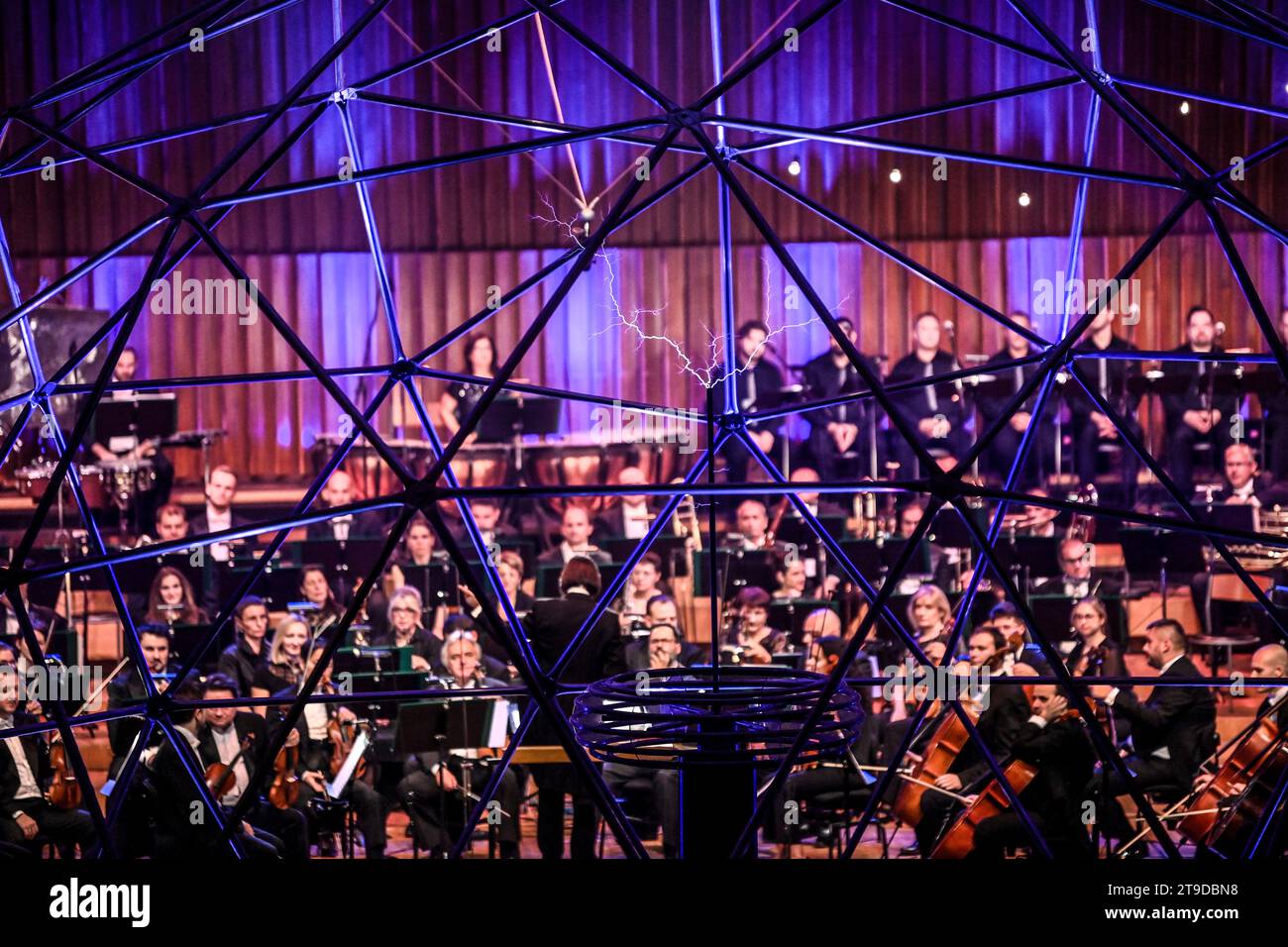 Zagreb, Croatia. 24th Nov, 2023. A Tesla coil was used in the program of the Zagreb Philharmonic Off-cycle concert 'Tesla Waves' at Vatroslav Lisinski concert hall in Zagreb, Croatia on November 24, 2023. This is the first time in the world that a symphony orchestra played on a Tesla coil. Photo: Igor Soban/PIXSELL Credit: Pixsell/Alamy Live News Stock Photo