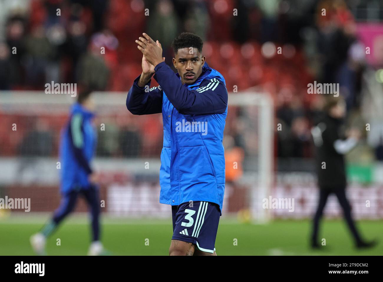 Rotherham, UK. 24th Nov, 2023. Júnior Firpo #3 of Leeds United applauds the travelling fans during the Sky Bet Championship match Rotherham United vs Leeds United at New York Stadium, Rotherham, United Kingdom, 24th November 2023 (Photo by Mark Cosgrove/News Images) Credit: News Images LTD/Alamy Live News Stock Photo
