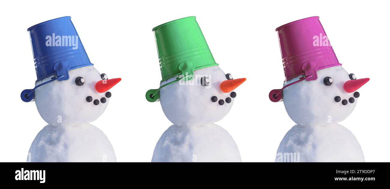 Set of snowmen in hats in the form of buckets of different colors on a white isolated background ...