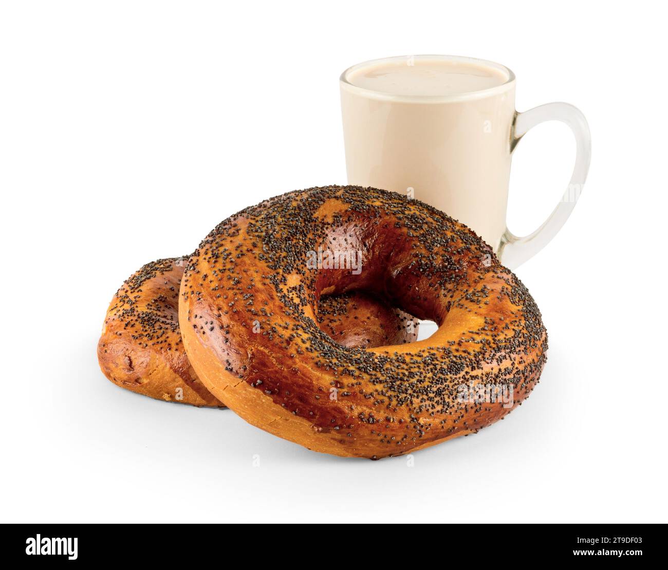 Two bagel with poppy seeds and cup of fermented baked milk, isolated on white background Stock Photo