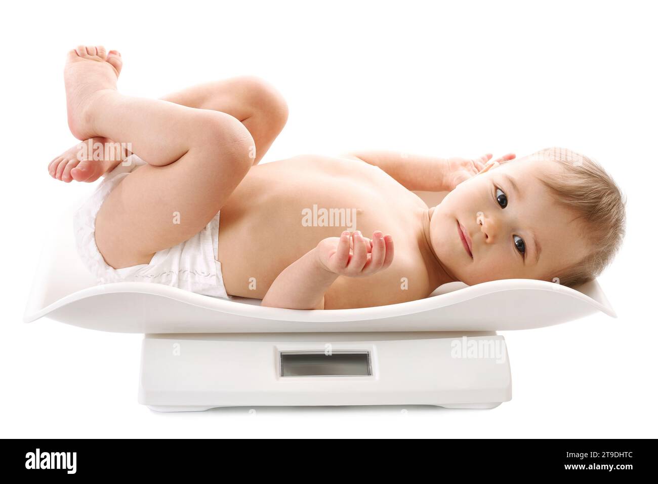 overweight cute little girl with body fat standing on the weighing scale  look surprise when measuring her weight Stock Vector