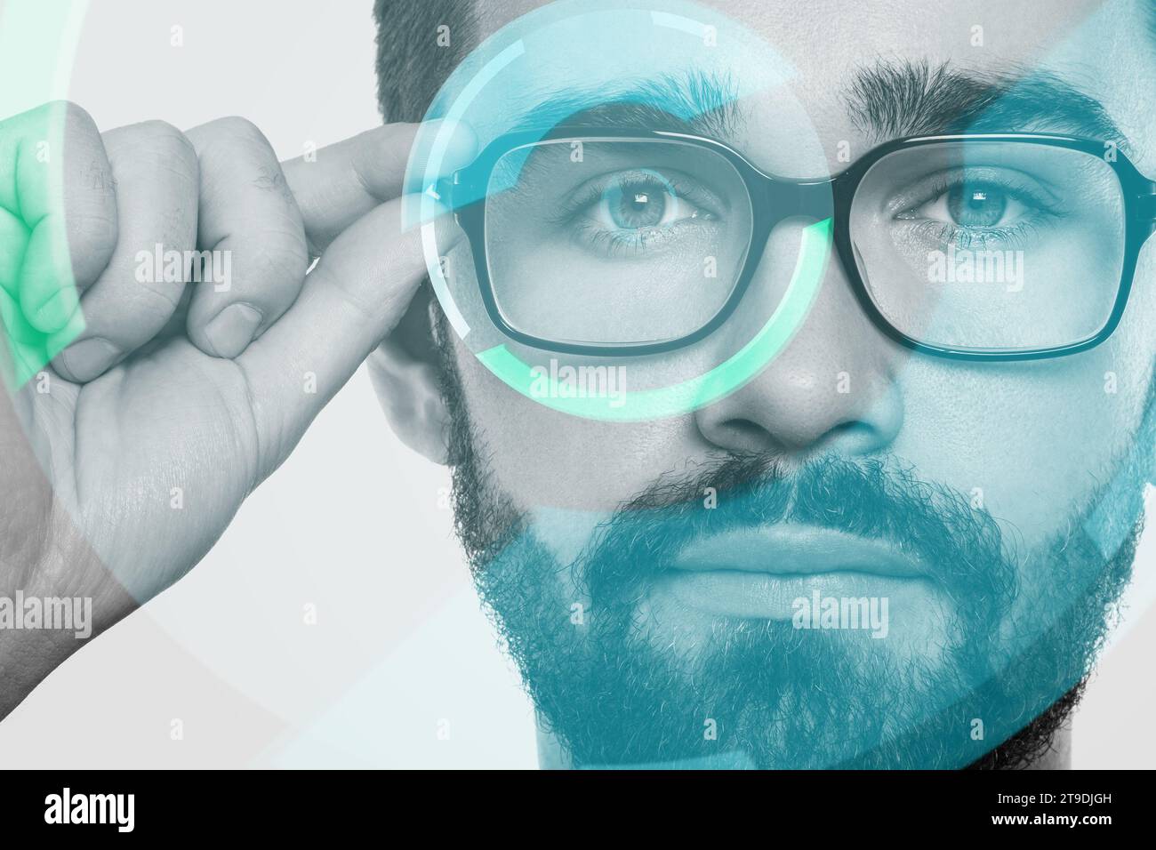 Closeup of man wearing augmented reality smart glasses with a HUD ...