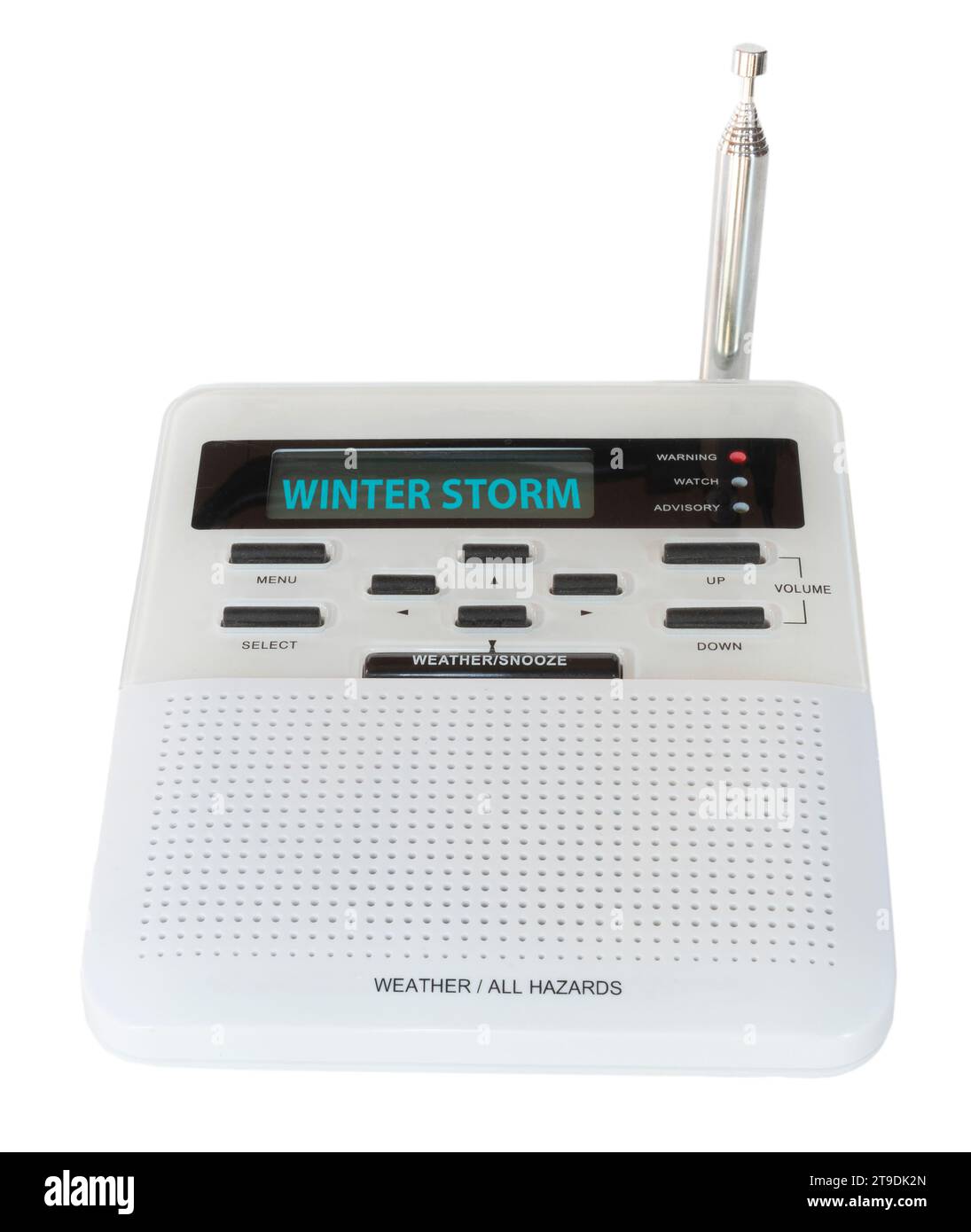 Digital weather and hazards radio that has received a signal and sounded the alarm and displaying the winter storm warning on its screen. Stock Photo