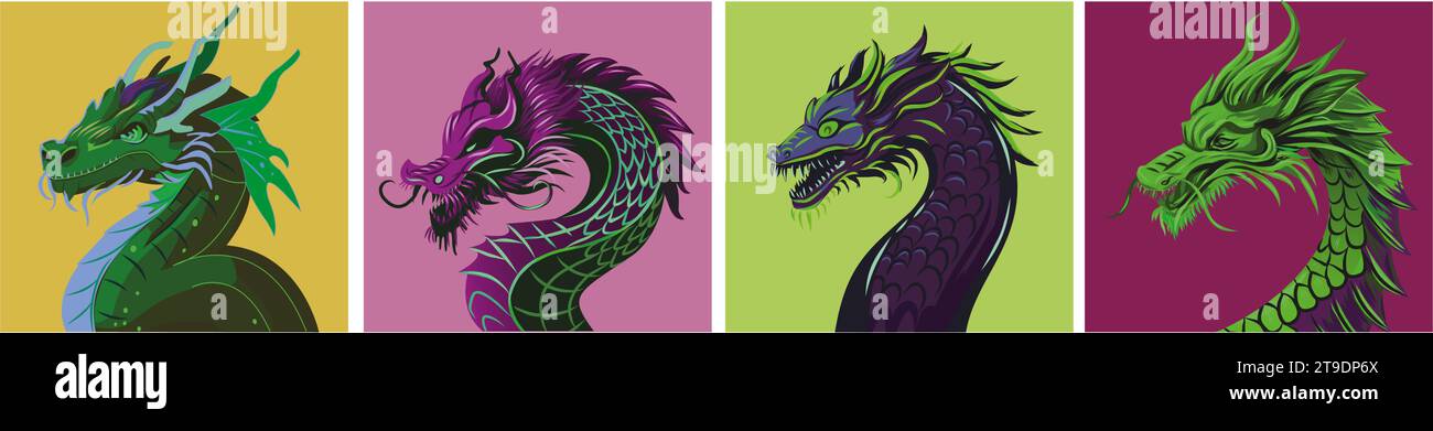 vector dragon collection. Set of Chinese New Year symbol - dragon. Purple dragon, green, gold and gray dragon graphic Stock Vector