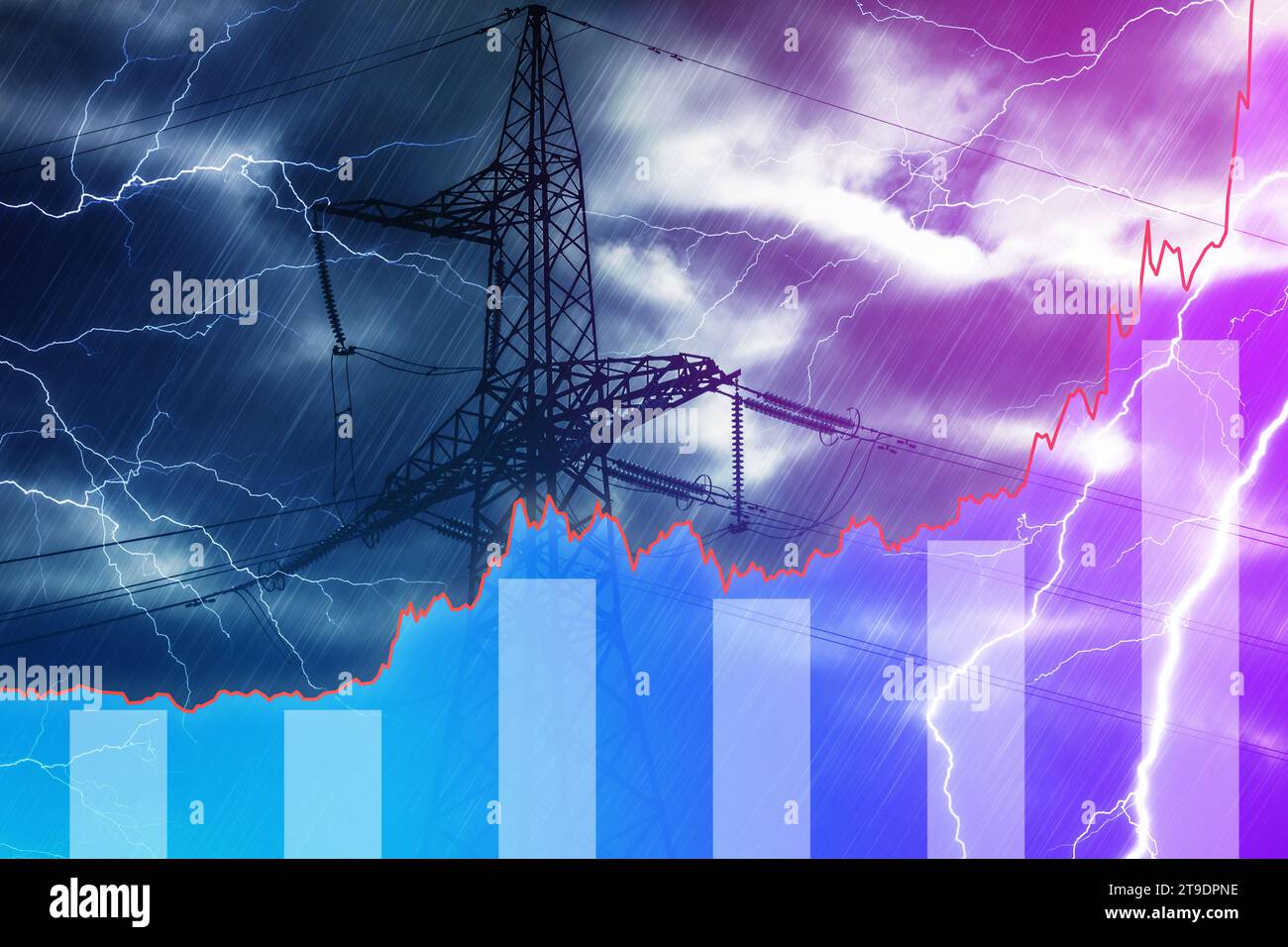 Transmission tower and raising sparkline chart representing electricity