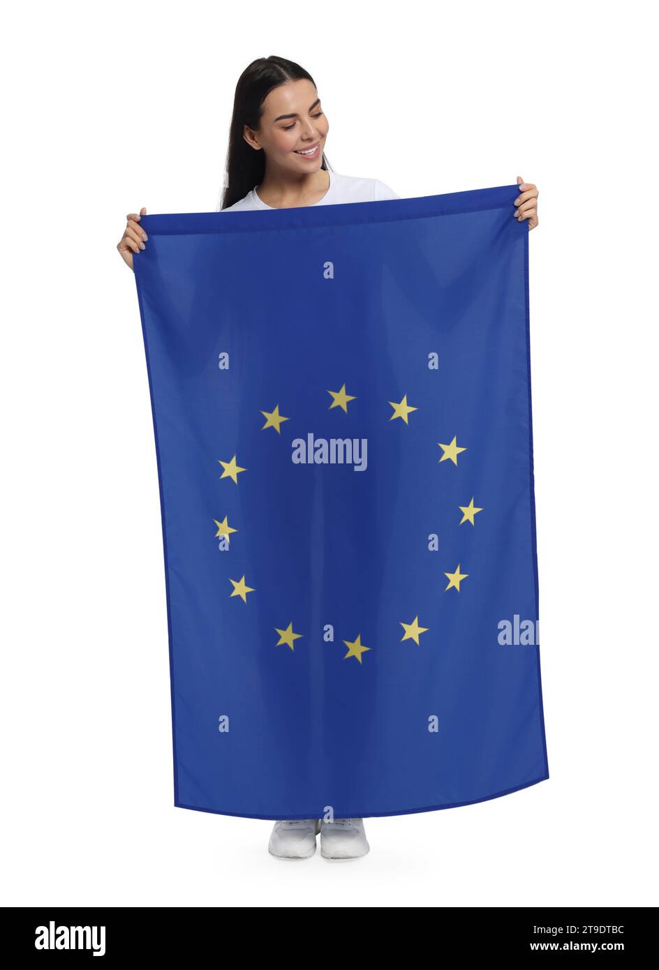 Woman holding European Union flag on white background Stock Photo - Alamy
