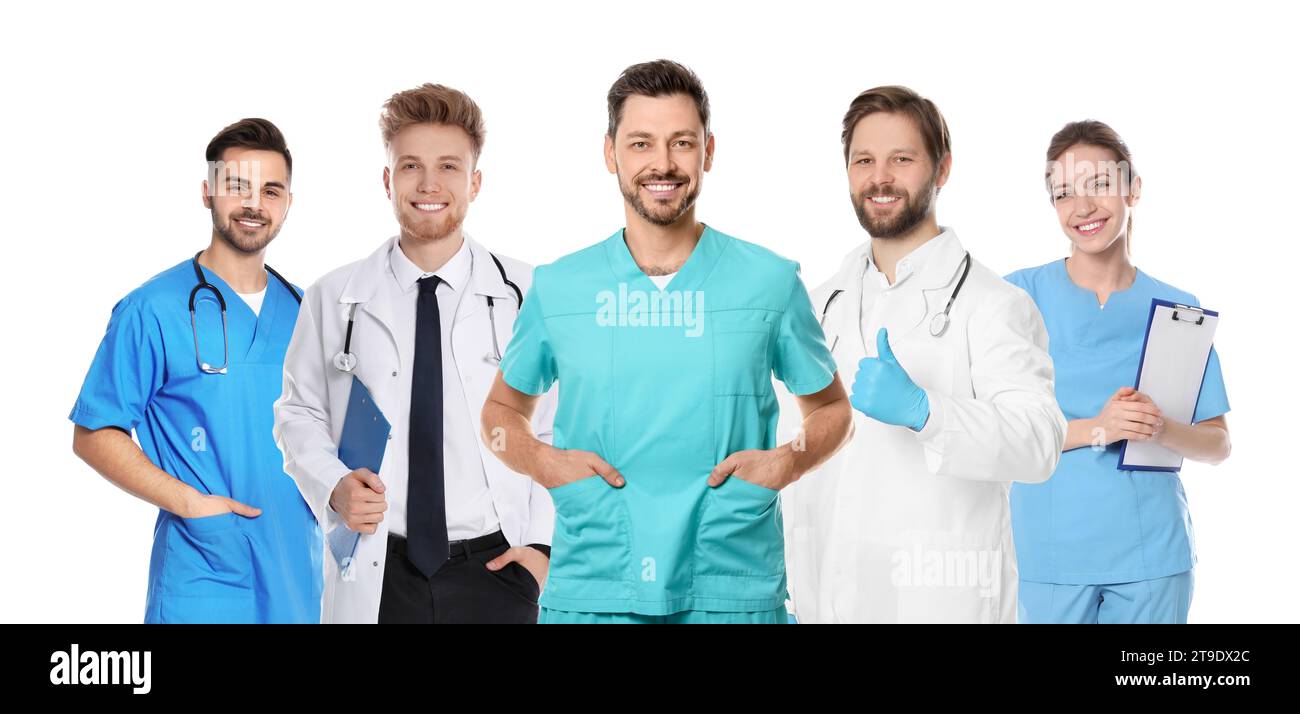 Happy medical nurses on white background, set of photos Stock Photo