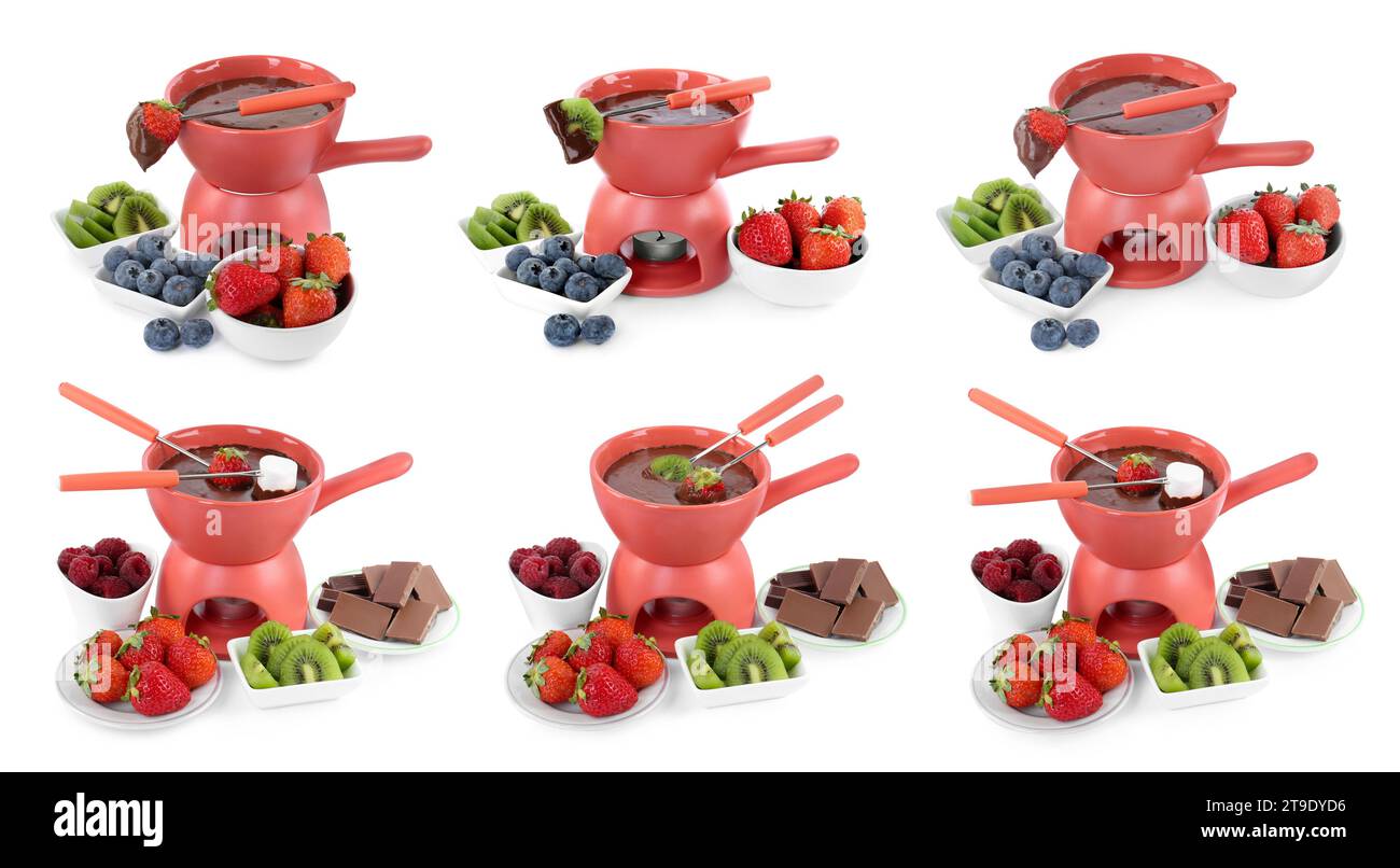 Fondue pot with chocolate, fruits and marshmallow isolated on white