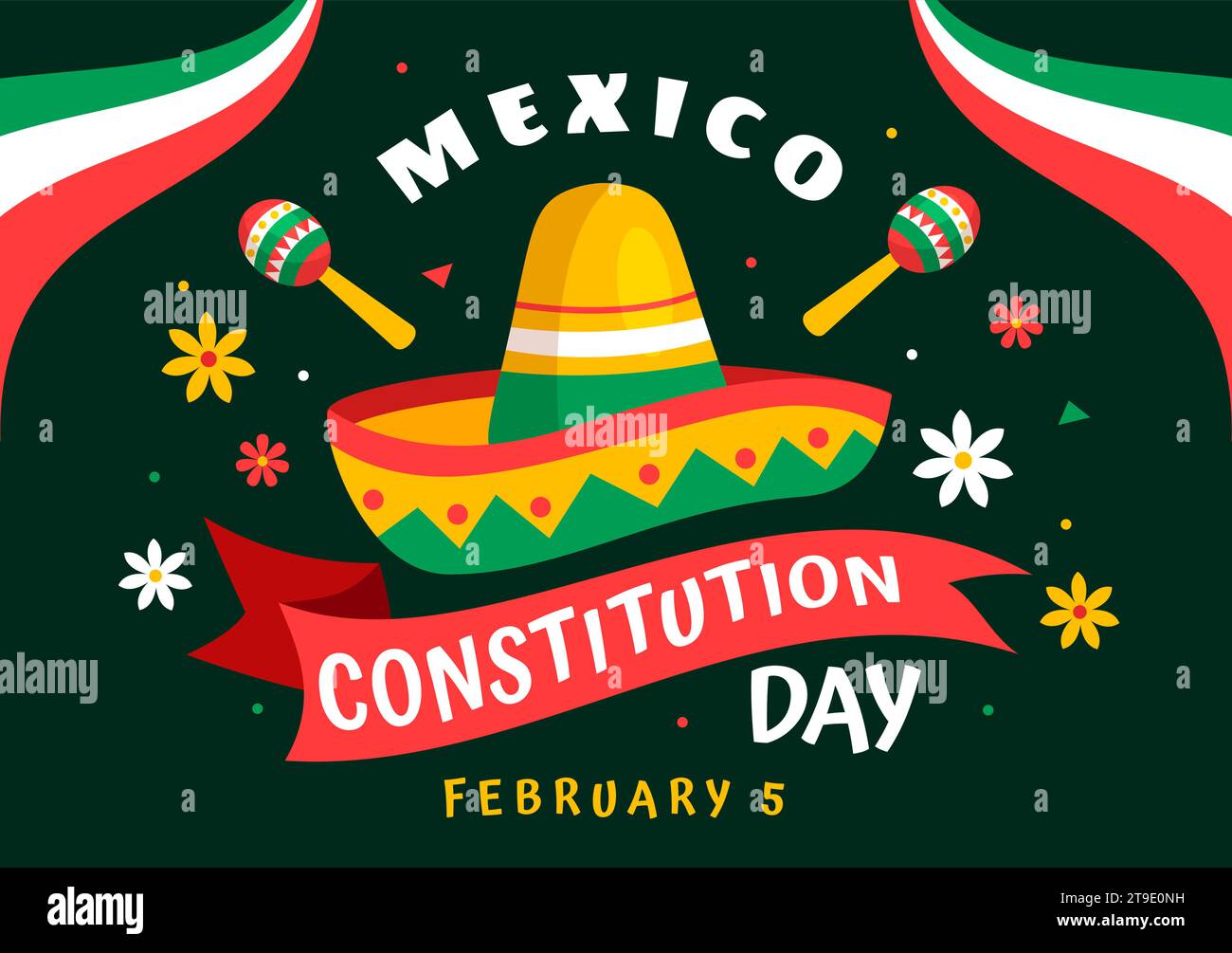 Dia De La Constitucion Vector Illustration. Translation: Happy Constitution Day of Mexico on February 5 with Mexican Hat and Waving Flag Background Stock Vector