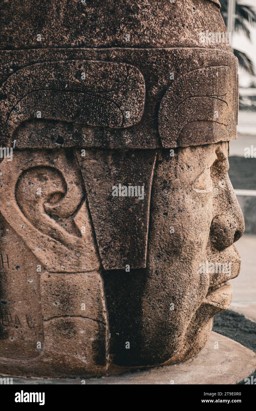 Plaza Banderas, Boca del Río, Veracruz, Mexico, head of an Olmec, olmec culture, Mexico, 2022 Stock Photo