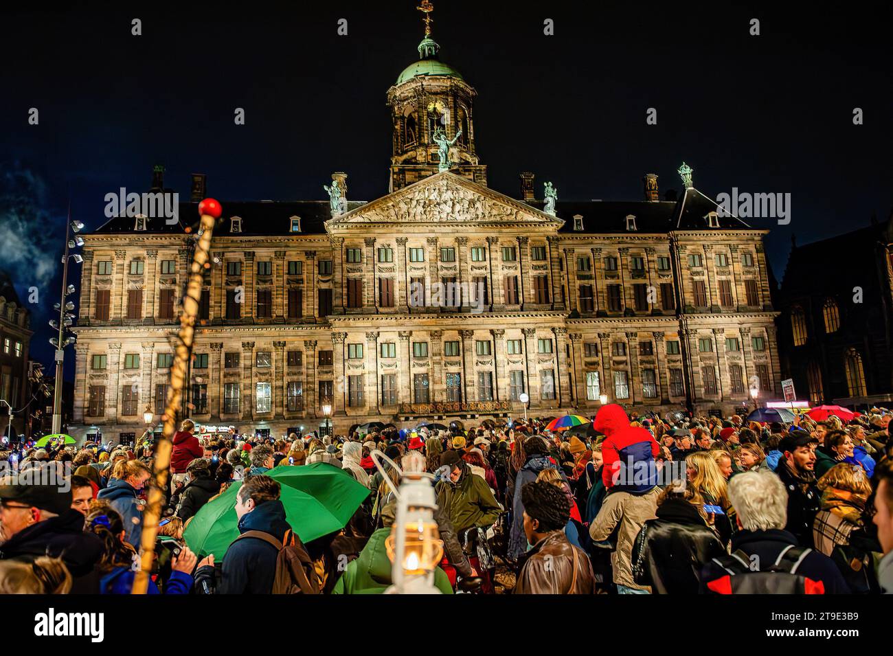 A crowd of protesters gathers at the square with candles and LED lights during the demonstration. Protesters stage a rally in solidarity with Muslims and immigrants following the victory of the far-right political party PVV (Party from Freedom under far-right leader Geert Wilders) in the general election. Protesters rally against Wilder's ideas, which have put certain groups like Muslims and immigrants at high risk. Wilders will still need other parties to join him in a coalition to govern with majority support in parliament. Stock Photo