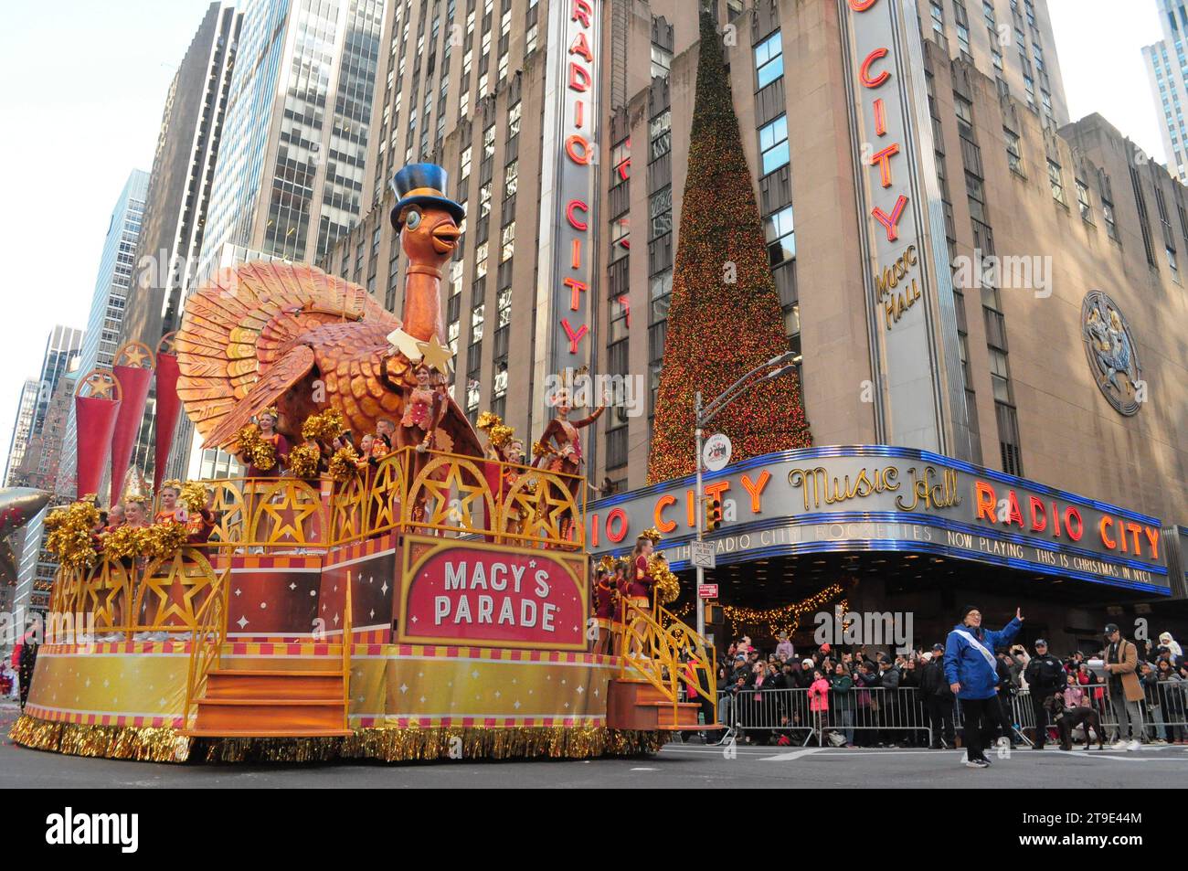 New York City, United States. 23rd Nov, 2023. Parade participants ride a float of 'Tom Turkey' during the 97th Macy's Thanksgiving Day Parade in the Manhattan borough of New York City. (Photo by Jimin Kim/SOPA Images/Sipa USA) Credit: Sipa USA/Alamy Live News Stock Photo