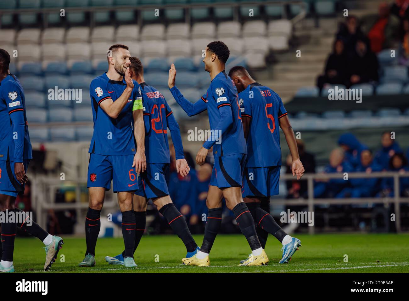 Stefan de Vrij and Cody Gakpo celebrate after scored goal  during UEFA Euro 2024 qualifying game between  national teams of Gibraltar and Netherlands, Stock Photo