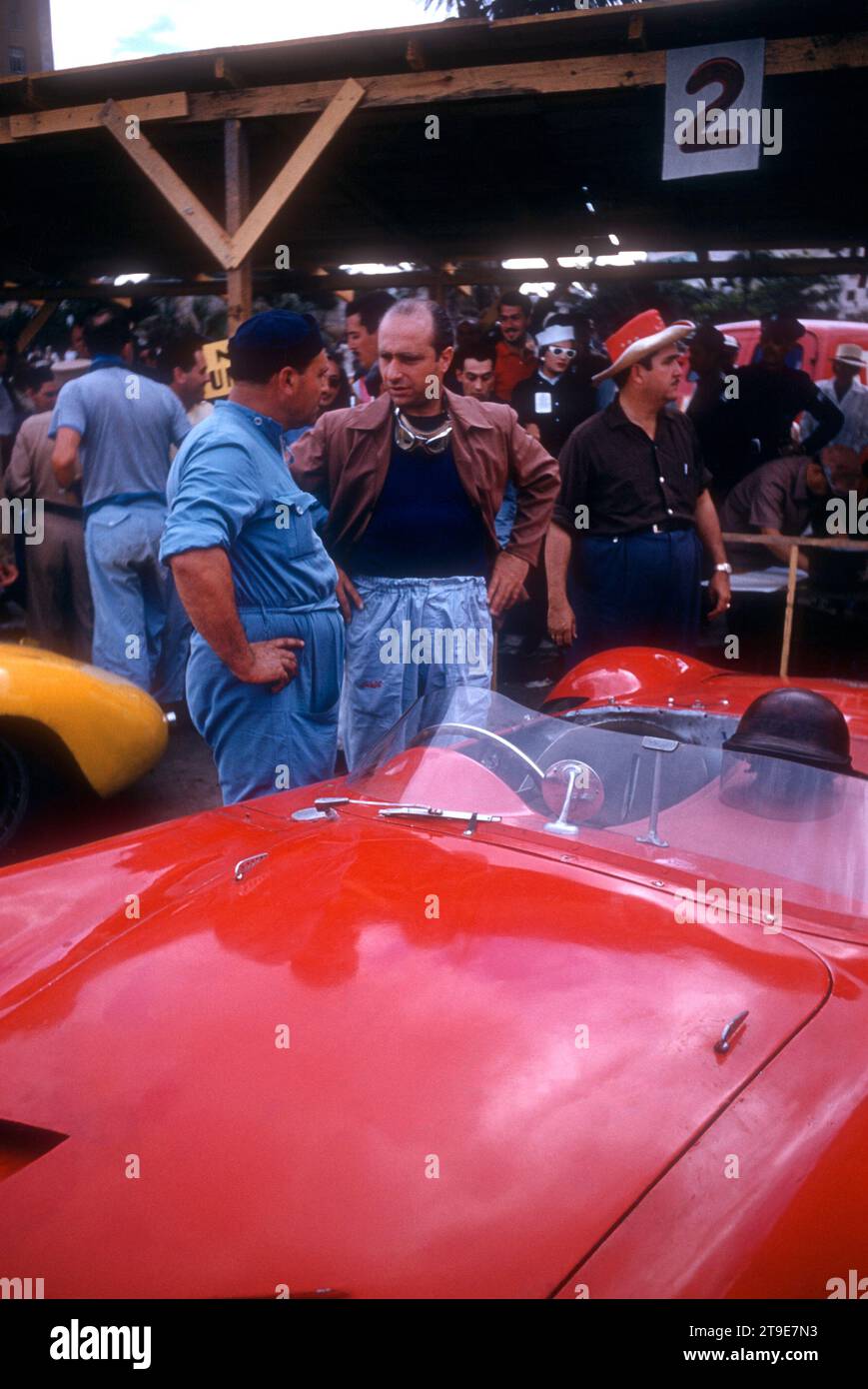 HAVANA, CUBA - FEBRUARY 24:  Juan Manuel Fangio (1911-1995) driving the Maserati 300S waits for the race to start before the 1957 Cuban Grand Prix on February 24, 1957 in Havana, Cuba.  Fangio would win the race.  (Photo by Hy Peskin) *** Local Caption *** Juan Manuel Fangio Stock Photo