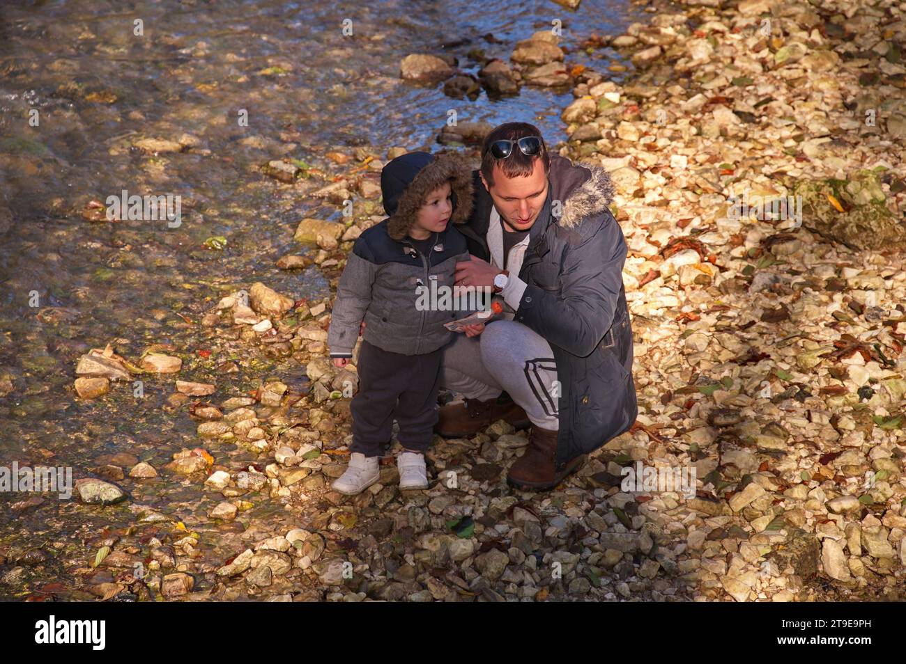 Father with little toddler hiking in the forest Stock Photo