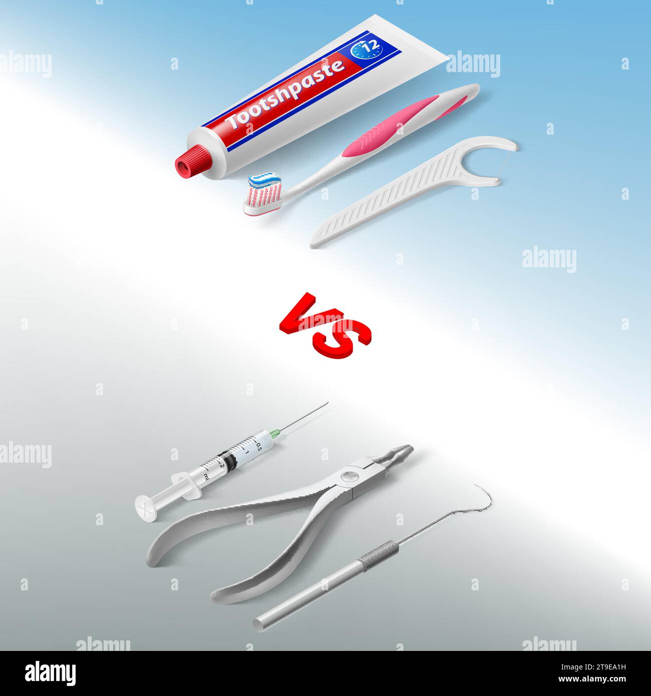 Basic Dentist Tools, and Instruments on Gray Background vs Oral Hygiene Individual Tools on Blue Background Stock Vector