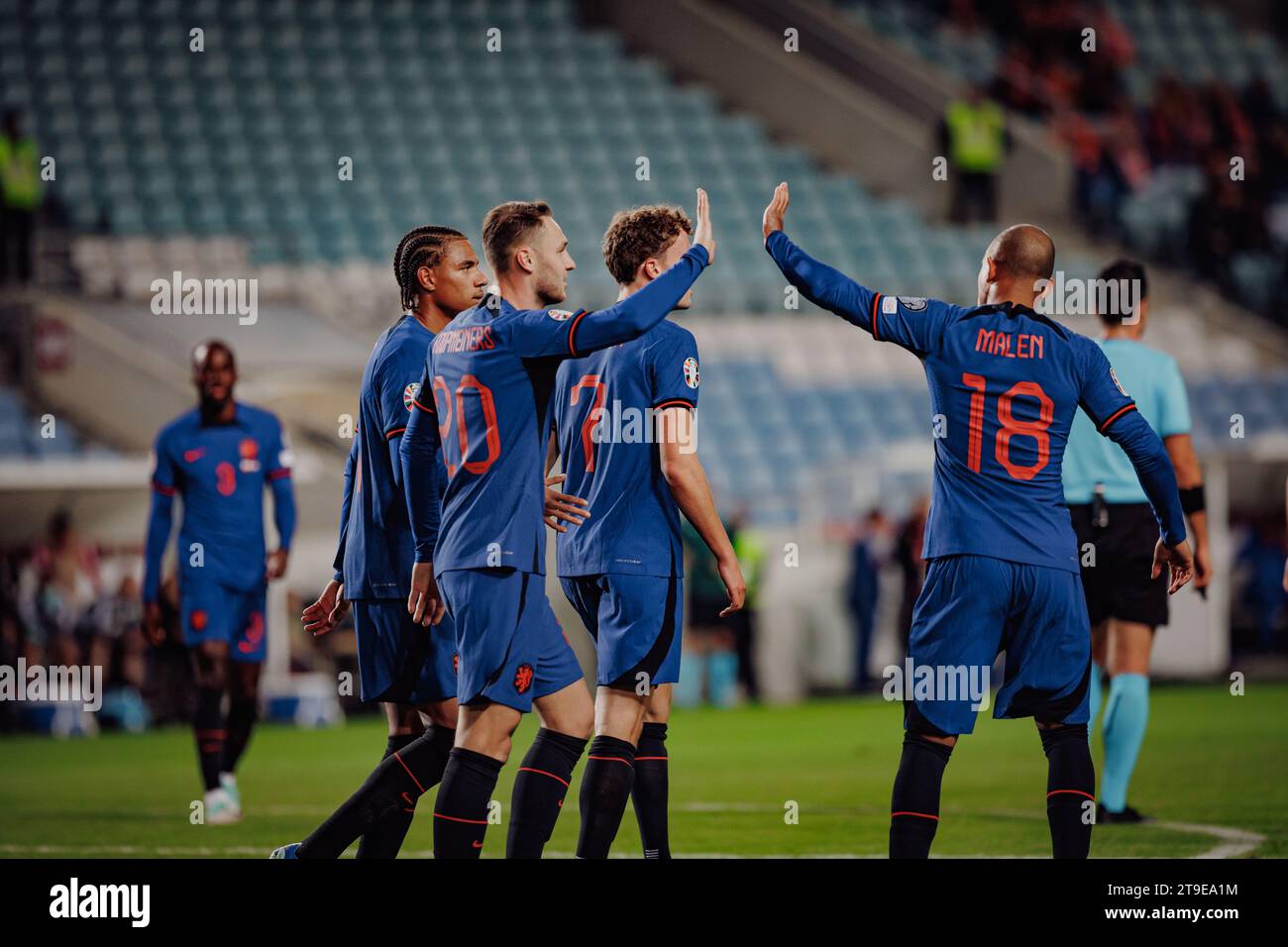 Players of Netherlands celebrate after goal scored by Teun Koopmeiners  during UEFA Euro 2024 qualifying game between  national teams of Gibraltar and Stock Photo