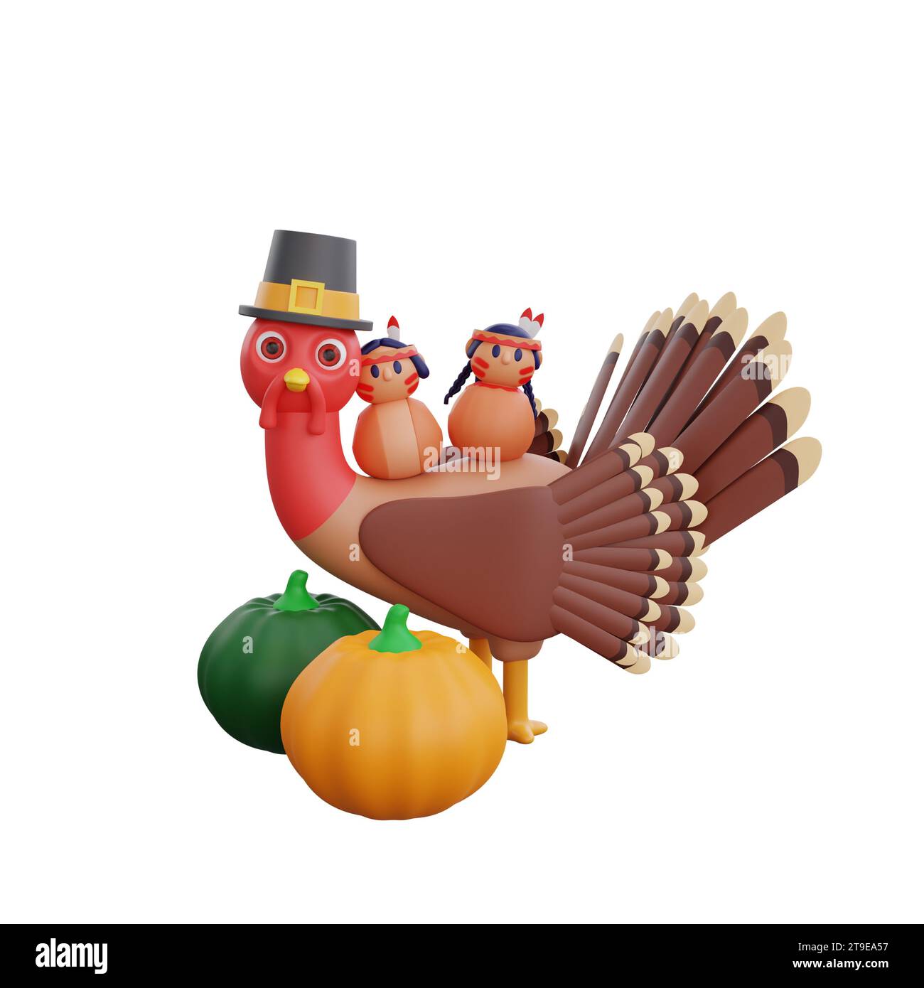 3d illustration of a turkey wearing a hat and two Native American dolls, accompanied by two vibrant pumpkins. perfect theme for Thanksgiving design Stock Photo
