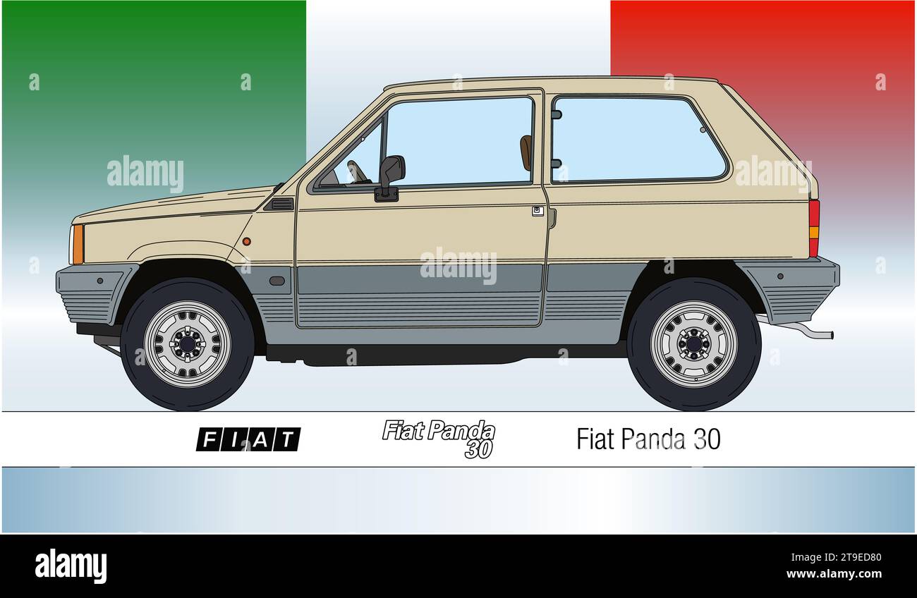 Italy, year 1980, Fiat Panda 30 vintage classic car silhouette, coloured illustration with italian flag on the background Stock Photo