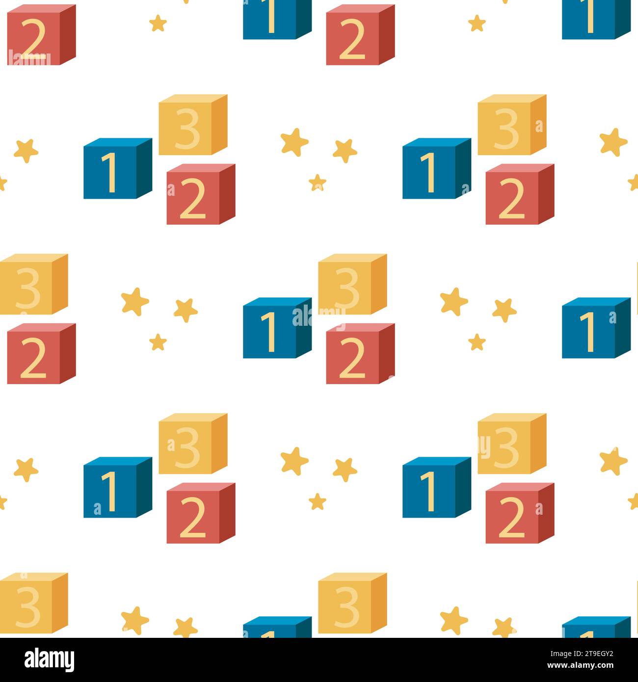 Baby game cubes with numbers seamless pattern. Background educational games for kids. Constructor cubes and stars print for baby textiles, wallpaper Stock Vector