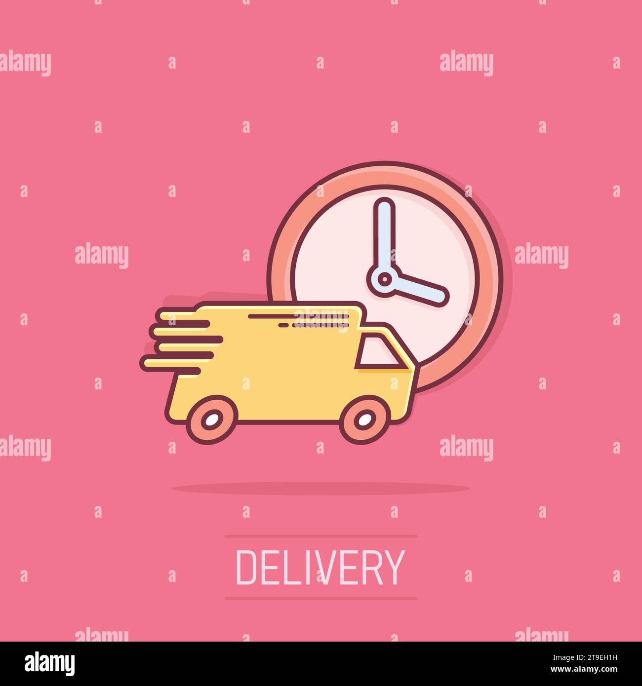 Vector cartoon delivery truck 24h icon in comic style. 24 hours fast delivery service shipping