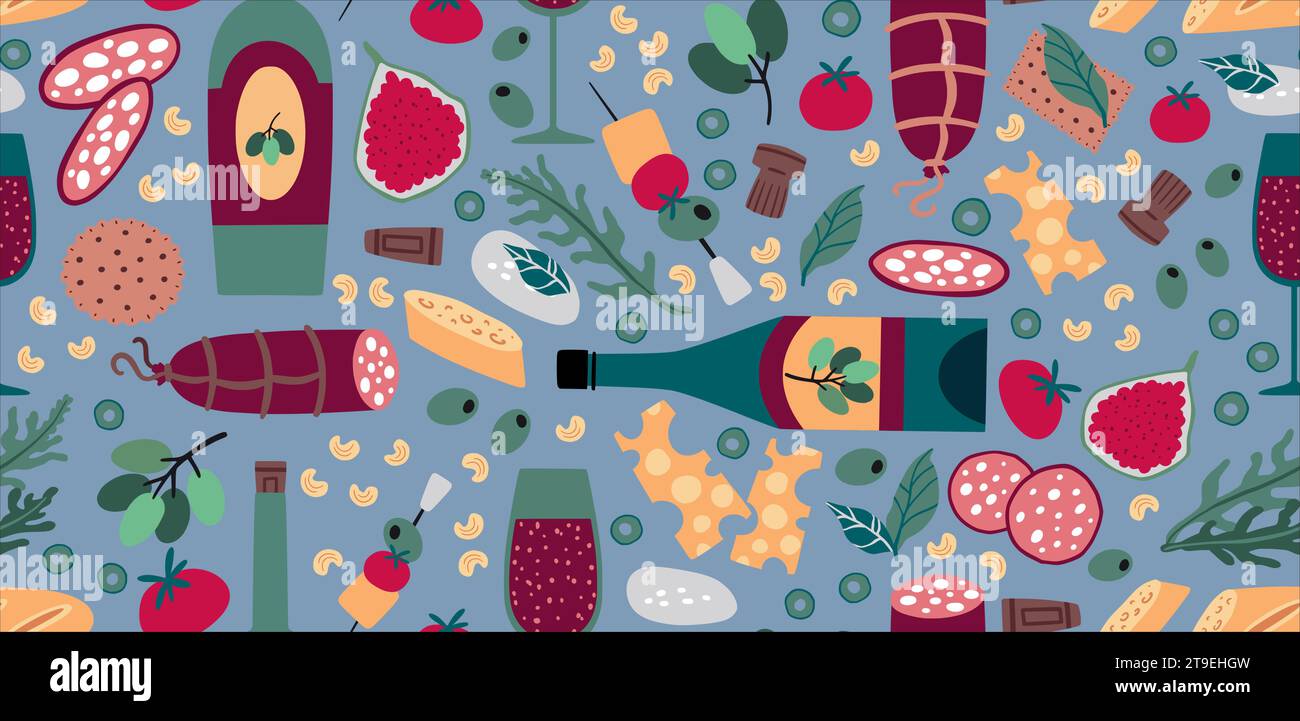 Wine pattern. Delicious food, cheese, grape and bottle, cork for festival of france, sausage and alcohol glass. Decor textile, wrapping paper, wallpap Stock Vector
