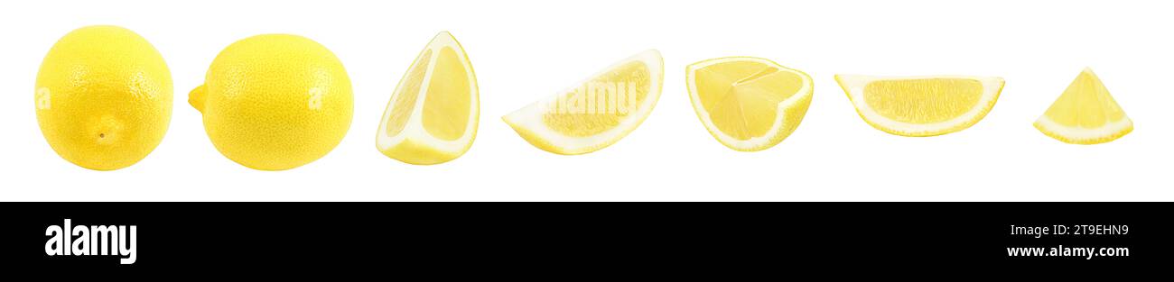 Lemons whole and cut parts from different angles isolated on a white ...
