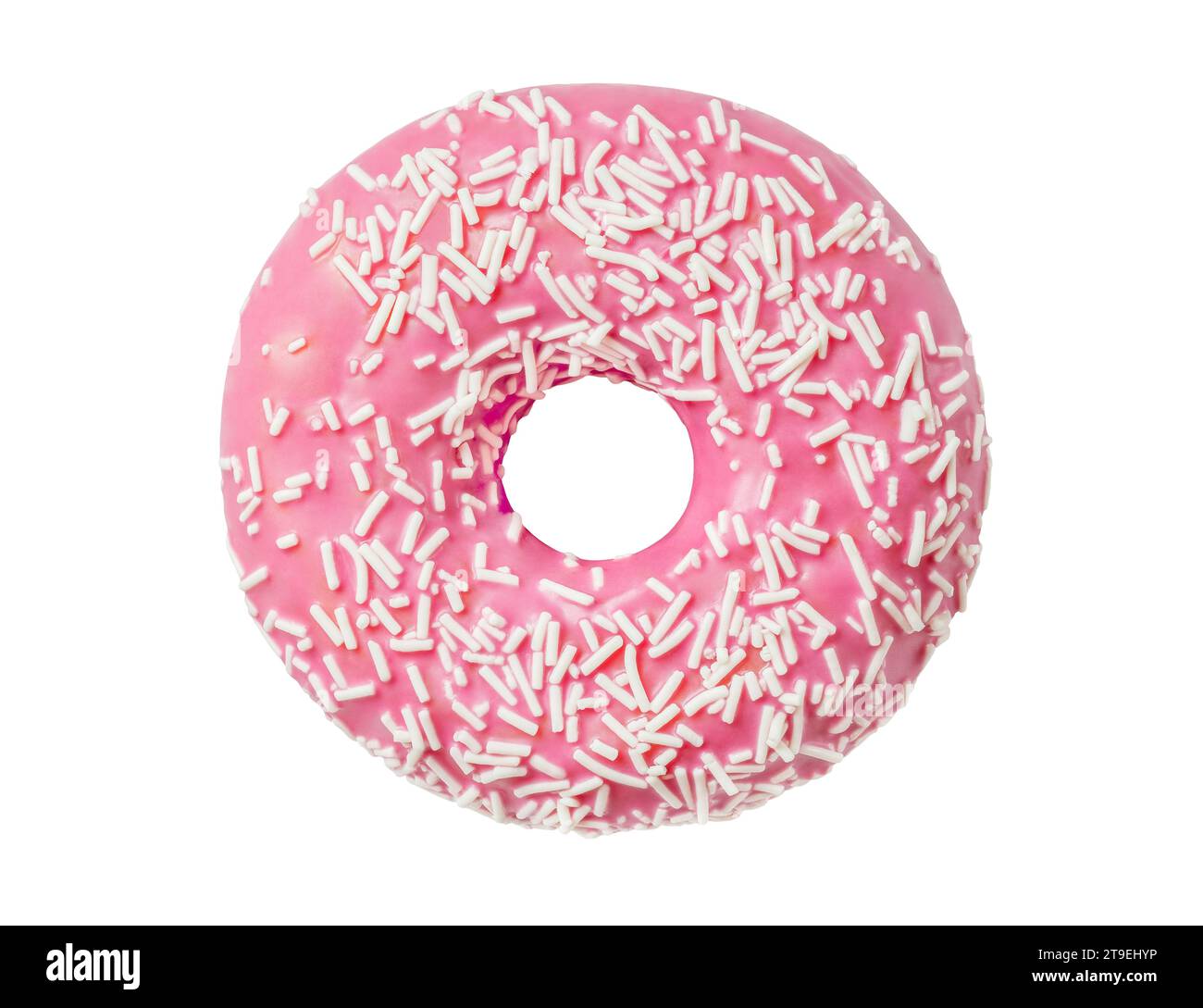 Donut with pink glaze, isolated on white background with clipping path, element of packaging design. Full depth of field. Stock Photo