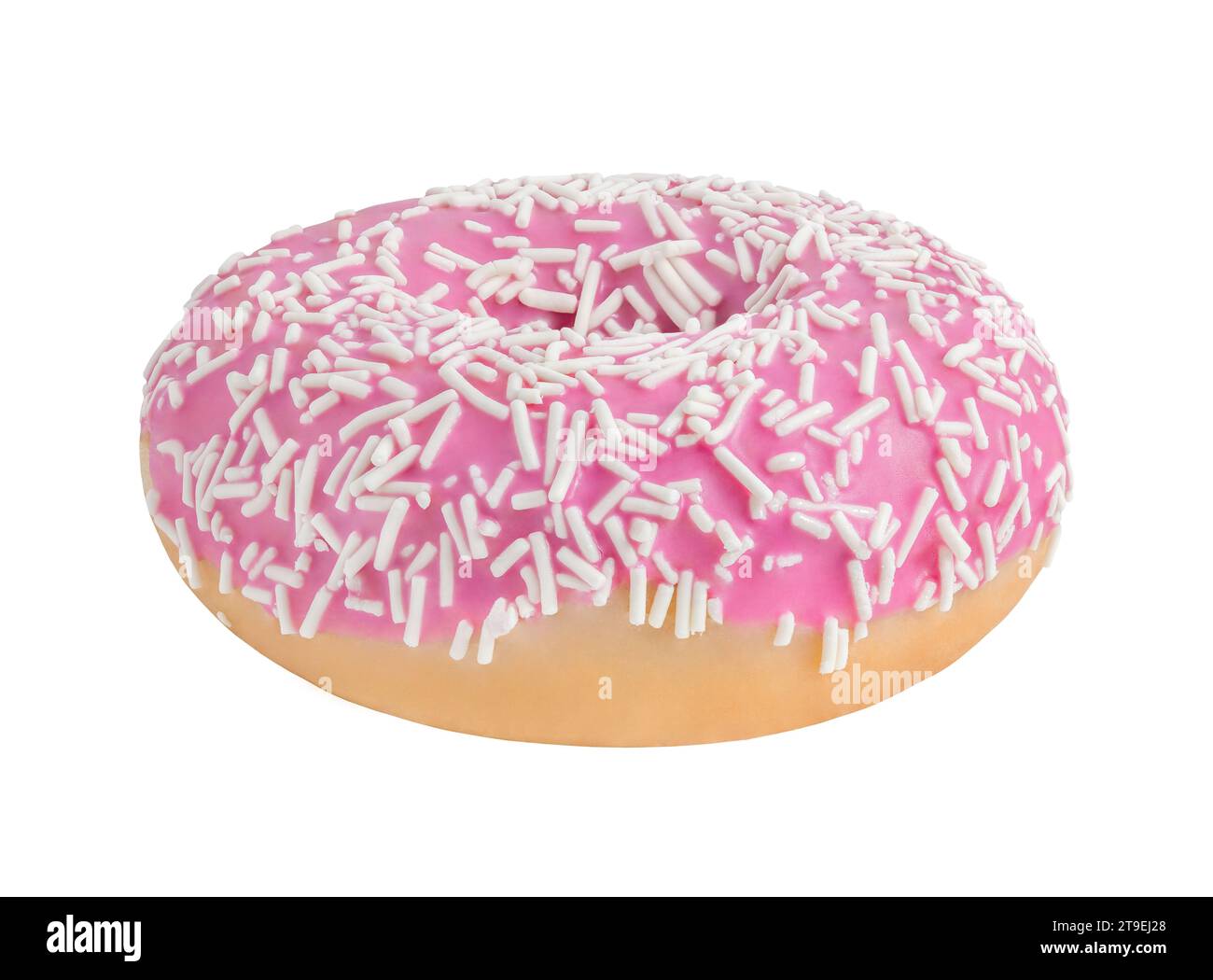 Donut with pink icing, isolated on white background with clipping path, element of packaging design. Full depth of field. Stock Photo
