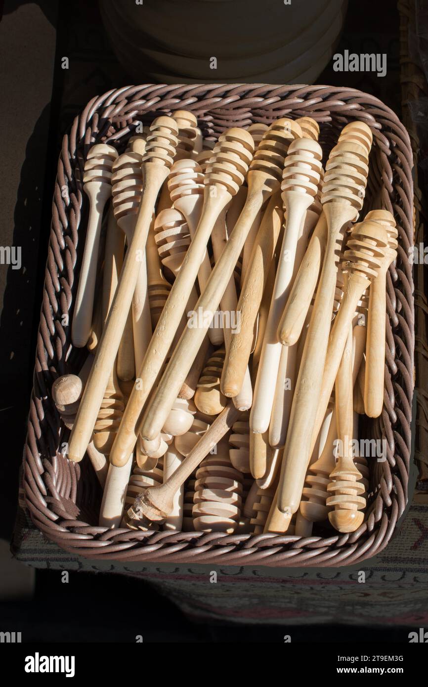 Set of honey dippers made of wood Stock Photo Alamy