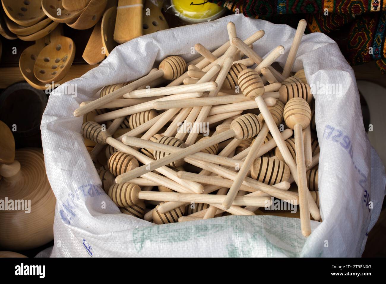 Set of honey dippers made of wood Stock Photo Alamy