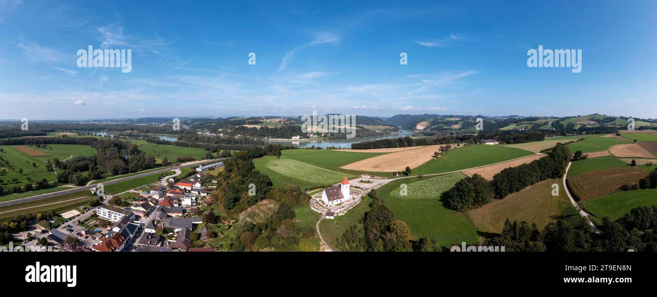 Drone image, view of Ardagger Markt with parish church, Danube, Mostviertel, Lower Austria, Austria Stock Photo