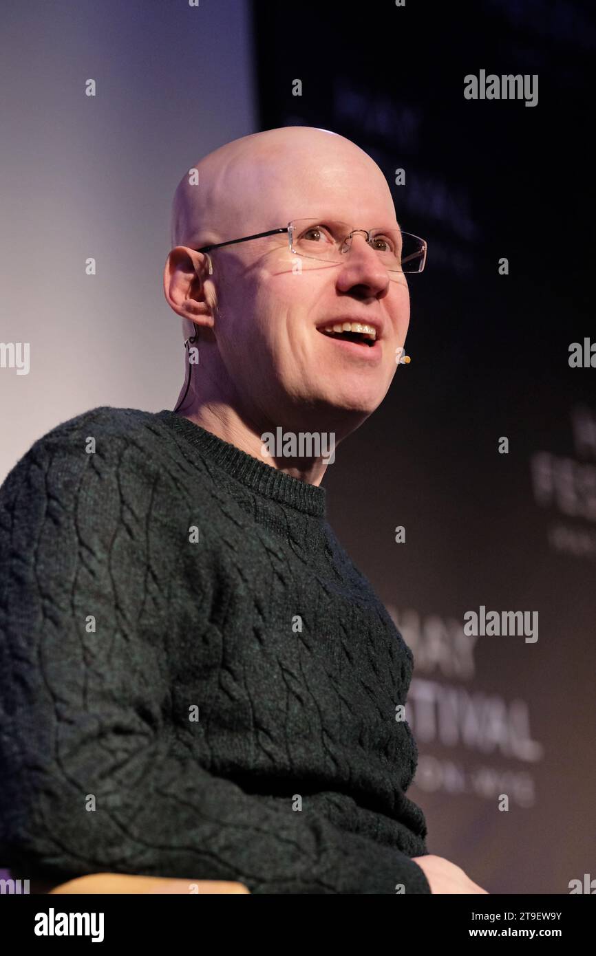 Hay Festival Winter Weekend, Hay on Wye, Powys, Wales, UK – Saturday 25th November 2023 – Matt Lucas comedian and author talking about his new children's book The Boy Who Slept Through Christmas - Photo Steven May / Alamy Live News Stock Photo