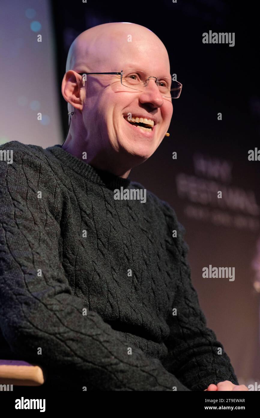 Hay Festival Winter Weekend, Hay on Wye, Powys, Wales, UK – Saturday 25th November 2023 – Matt Lucas comedian and author talking about his new children's book The Boy Who Slept Through Christmas - Photo Steven May / Alamy Live News Stock Photo