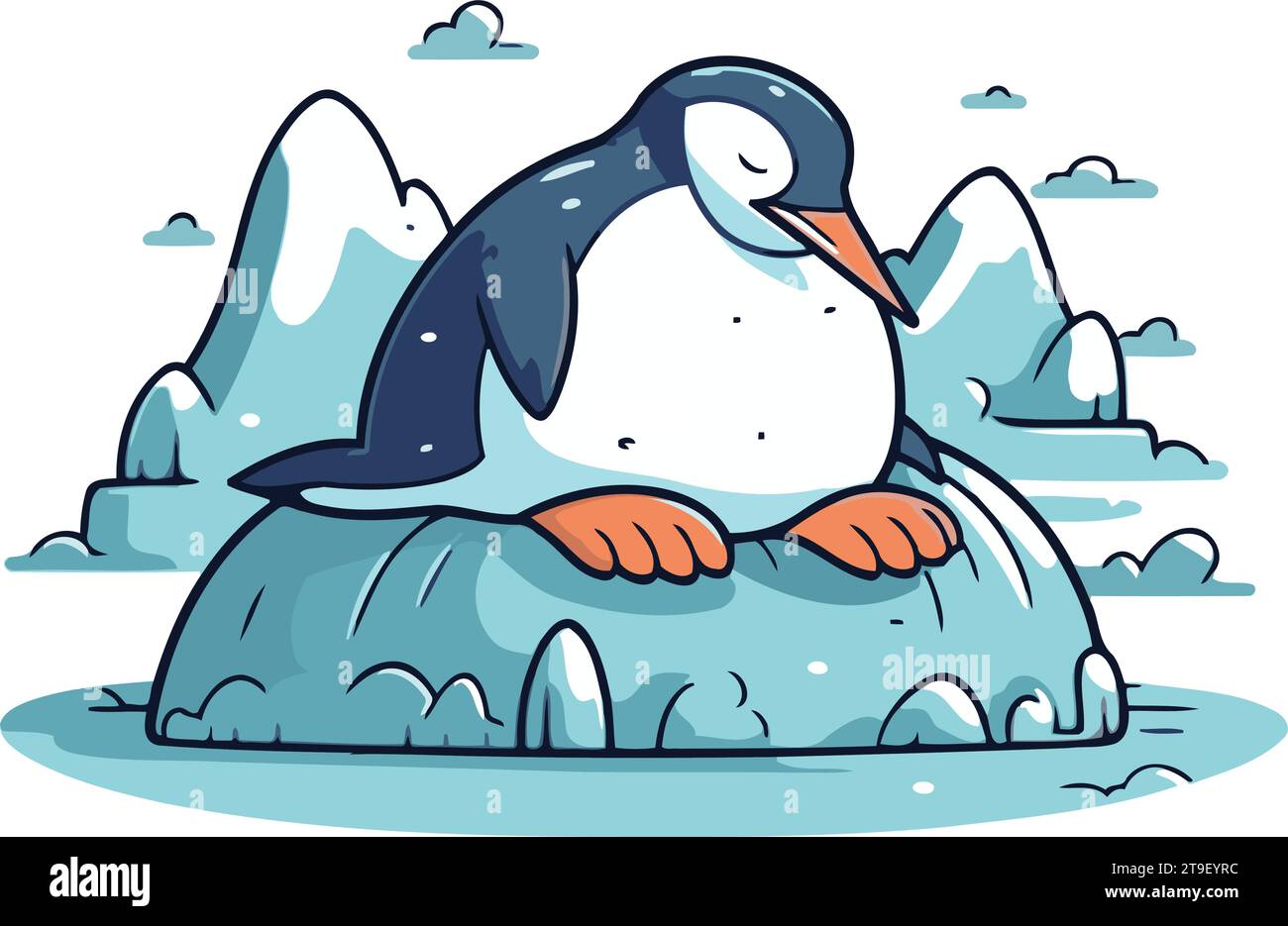 Cute penguin sitting on a rock. Vector cartoon illustration Stock