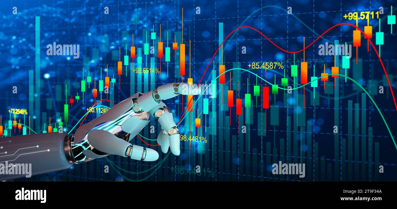 Ai Robot hand touching forex charts and diagrams stock market display on board. Investment and trading on stock market with Artificial Intelligence Stock Photo