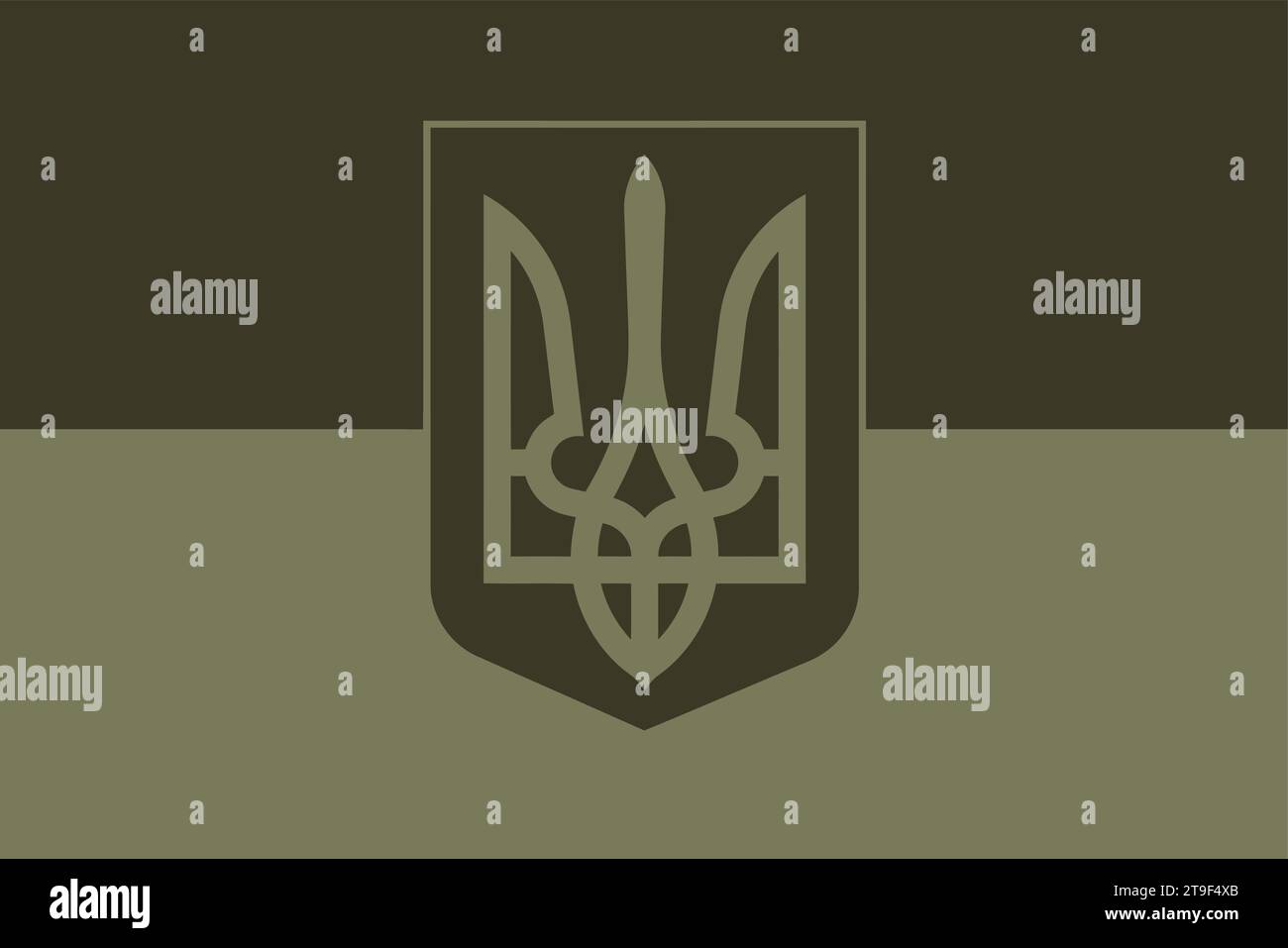 Trident on the shield of the Ukrainian army. Symbol of the army of Ukraine on pixel military pattern background. Warrior insignia shield, part of mili Stock Vector