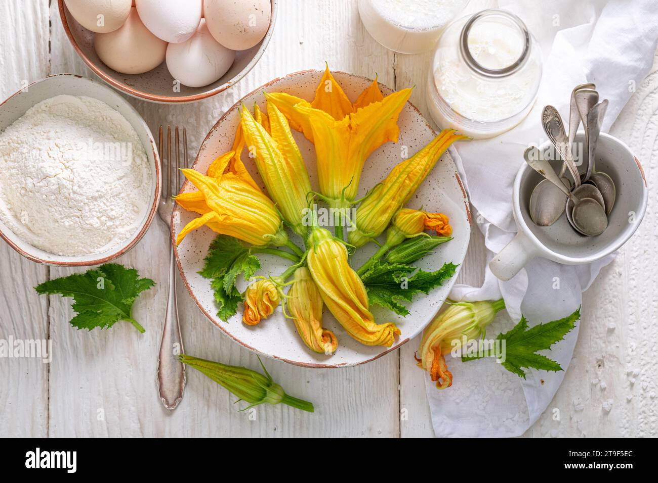 Preparation for roasted pumpkin flower made of pancake batter. Deep