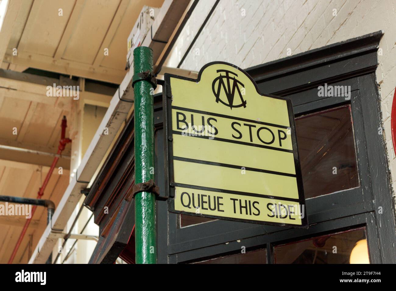 Old bus stop sign. Greater Manchester Transport Museum. Stock Photo