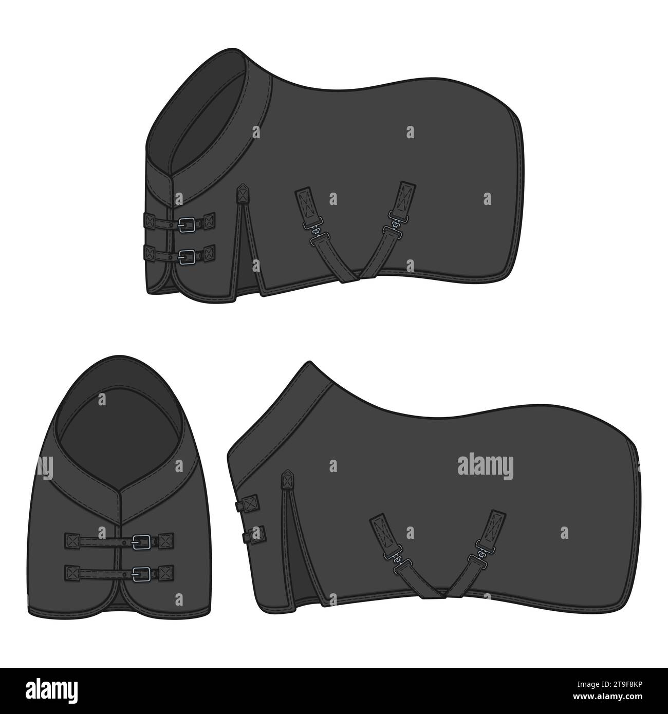 Set of color illustration with black horse blanket, horsecloth