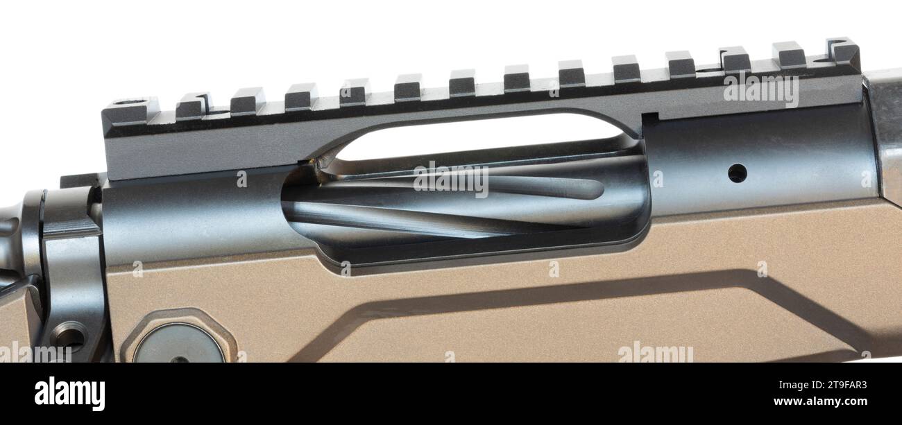 Bolt action rifle receiver side view of the rail on top for mounting a magnified optic for long-distance shots. Stock Photo