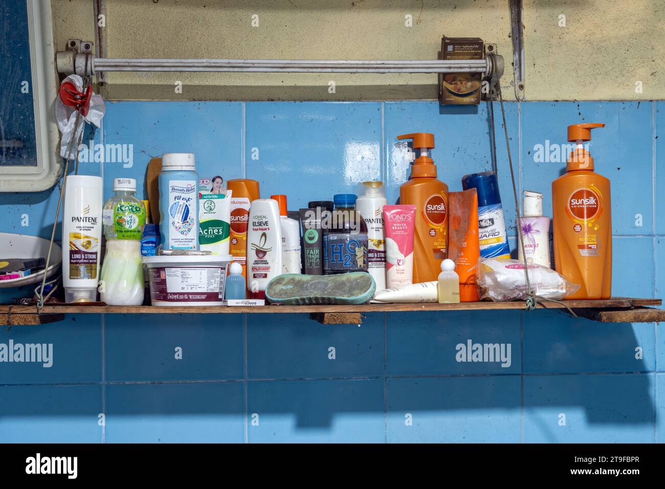 SAMUT PRAKAN, THAILAND, NOV 11 2023, Cosmetics of different brands on a shelf in the bathroom Stock Photo