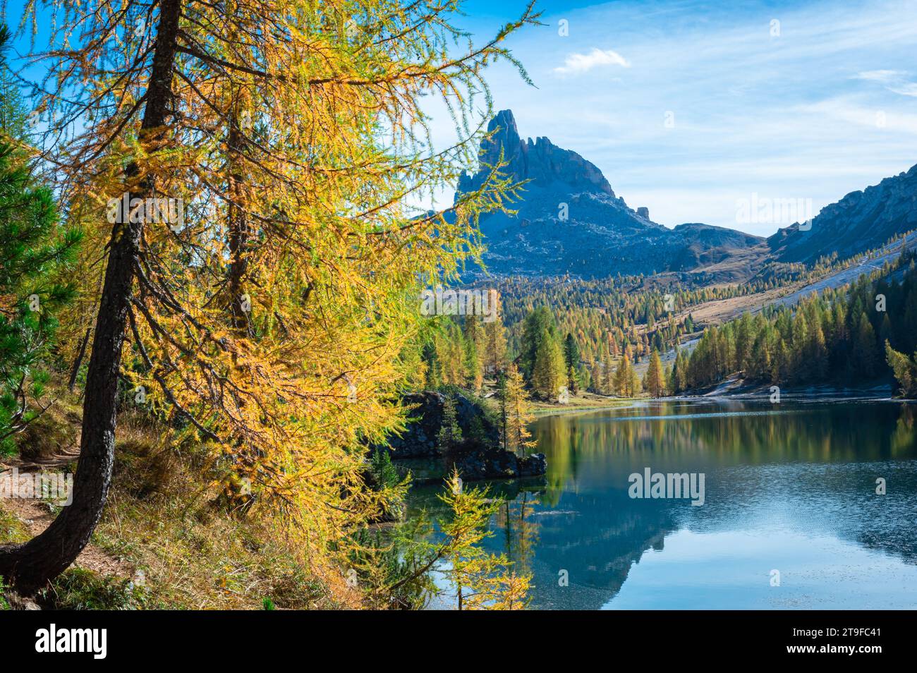 Autumn scenery of a mountain lake in Italy´s Dolomites Stock Photo