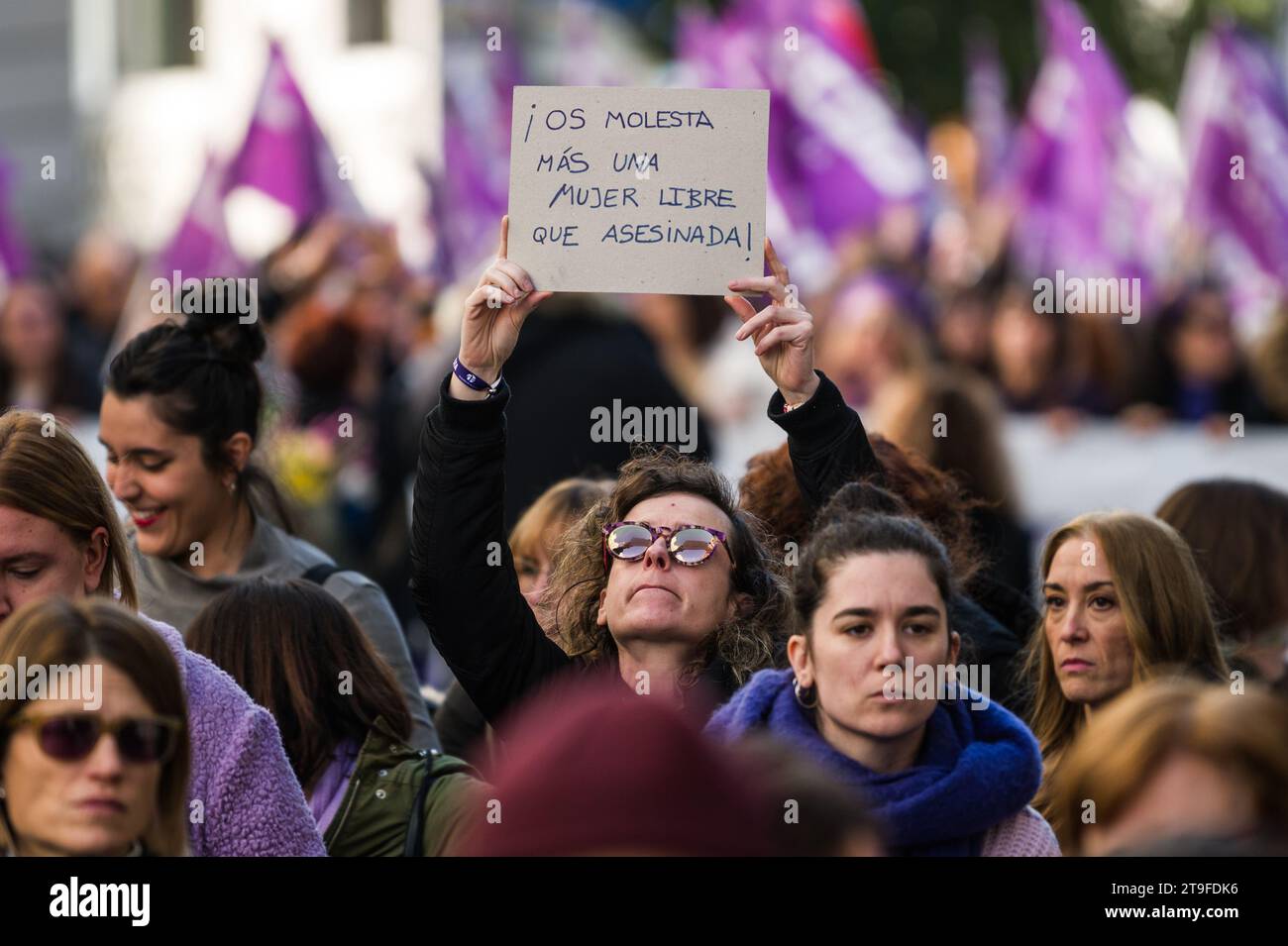 Madrid, Spain. 25th Nov, 2023. A woman carrying a placard reading 'A free woman bothers you more than a murdered woman' during a demonstration for the International Day for the Elimination of Violence against Women. Credit: Marcos del Mazo/Alamy Live News Stock Photo