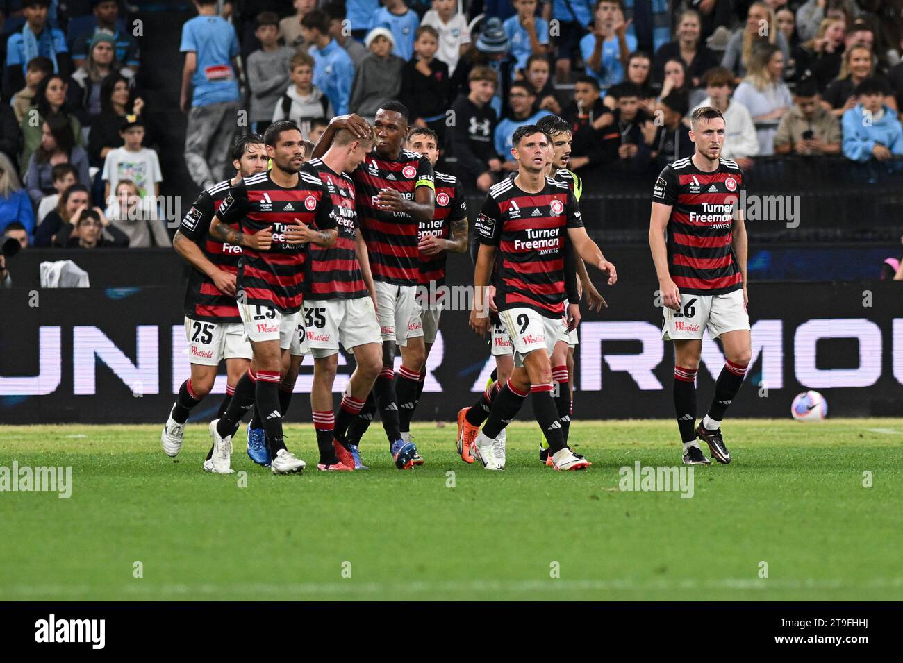 25th November 2023;  Allianz Stadium, Sydney, NSW, Australia: A-League Football, Sydney FC versus Western Sydney Wanderers; Zac Sapsford of Western Sydney Wanderers is congratulated by captain Marcelo after scoring to make it 1-0 in the 72nd minute Stock Photo